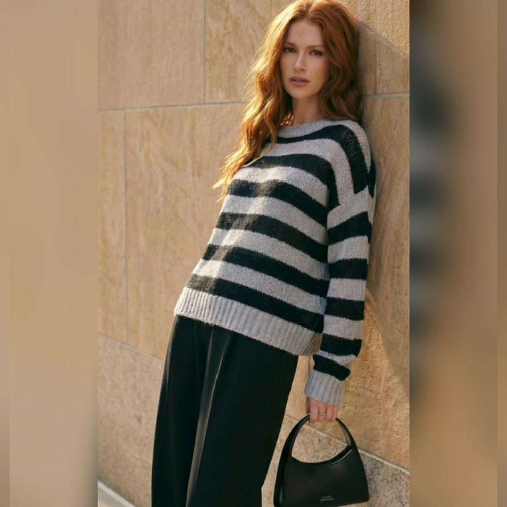 Edikted Black and Gray Striped Crew Neck Sweater NWT - Picture 2 of 6